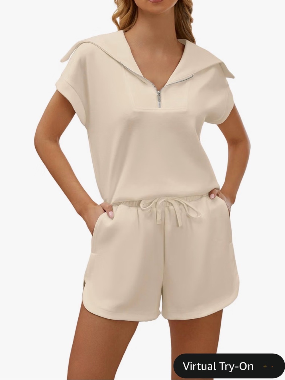 Sailor Collar Zip-Neck Lounge Set in Cream